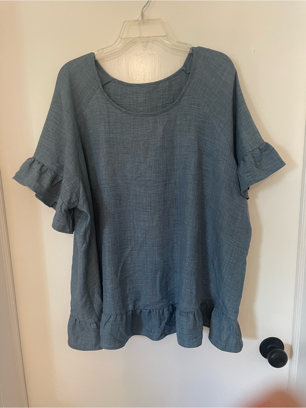 SHEIN Light Blue Ruffle Sleeve and Hem Blouse